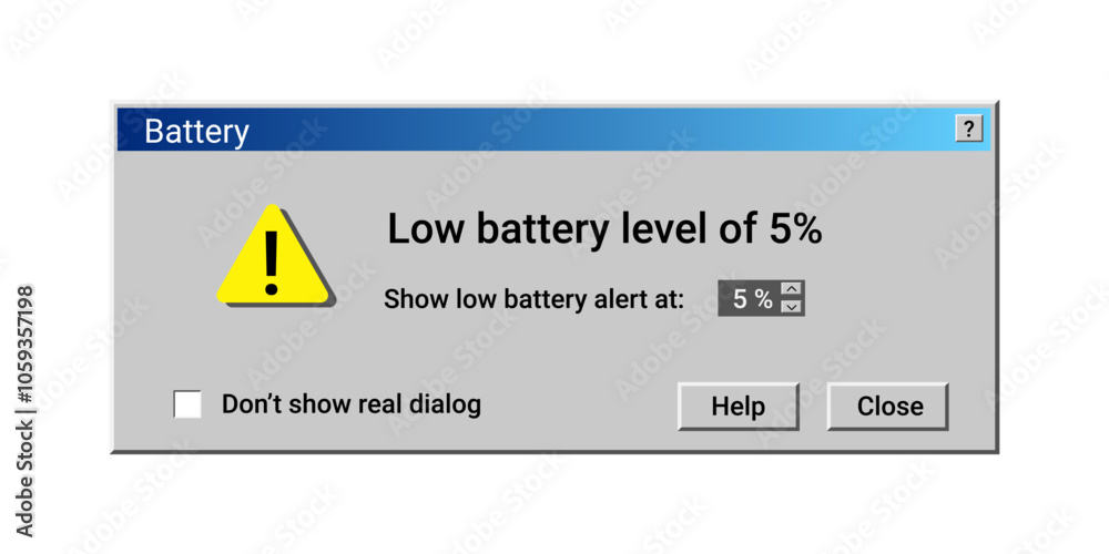 Low battery level notification. Laptop message about power. Information about accumulator.