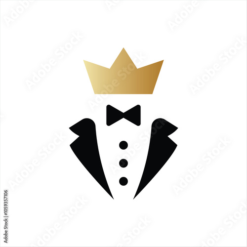 Tuxedo with bow tie with golden crown. Elegant vip style for gentleman and businessman for creative conferences and vector receptions