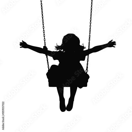 a black silhouette of a young girl swinging on a swing.