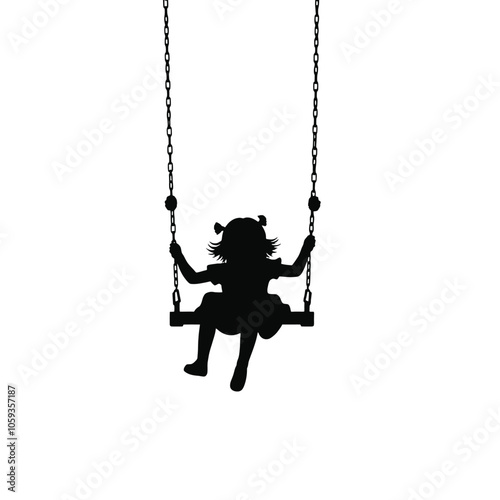 a black silhouette of a young girl swinging on a swing.