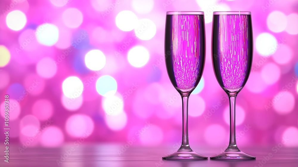 Two champagne flutes filled with sparkling pink liquid on a table with blurred pink lights in the background.