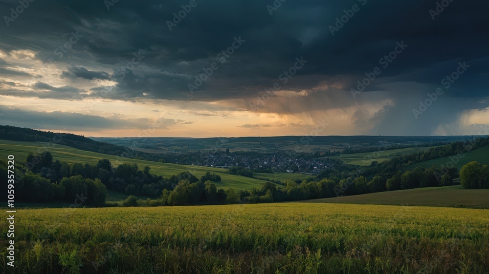 green field with a city on the horizon green field with a city on the horizon
