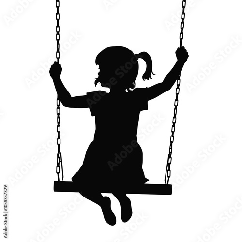 a black silhouette of a young girl swinging on a swing.