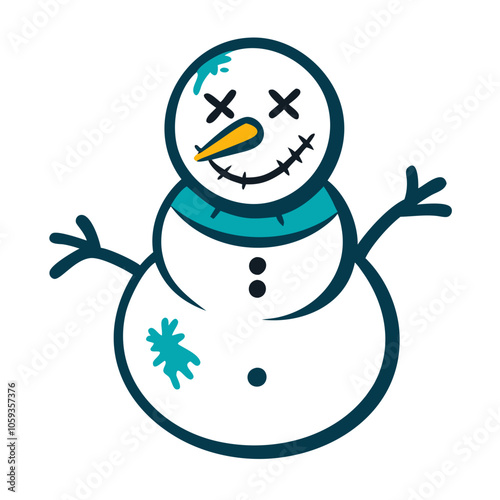 Stylized illustration of a quirky snowman with a playful design for winter decorations