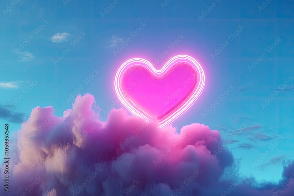 Neon heart on a cloud against a blue sky background. Romantic holiday background. 3d illustration with generative ai Neon heart on a cloud against a blue sky background. Romantic holiday background. 3d illustration with generative ai