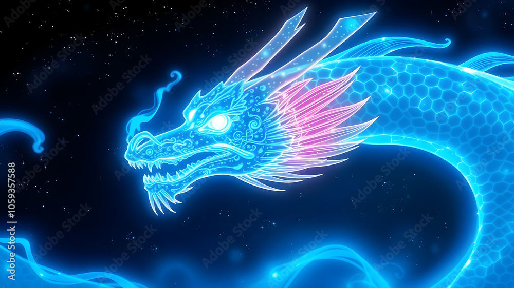 Naklejka premium Dragon head with blue neon lights on a dark background. 