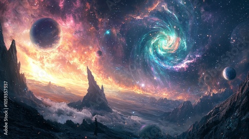 An otherworldly scenery featuring a sky filled with swirling galaxies and distant planets photo