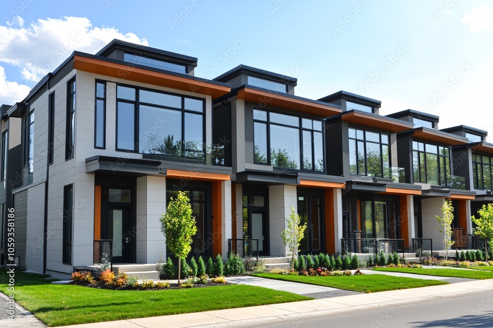 Contemporary townhouse design with large windows and lush landscaping in a modern residential area under a clear blue sky Contemporary townhouse design with large windows and lush landscaping in a modern residential area under a clear blue sky