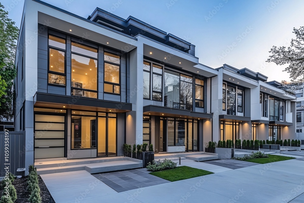 Contemporary townhouse design with large windows and lush landscaping in a modern residential area under a clear blue sky Contemporary townhouse design with large windows and lush landscaping in a modern residential area under a clear blue sky