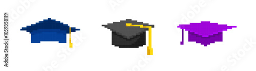 Pixel graduate caps with tassels set. 8bit cap with square brim to celebrate successful graduation from school and college with academic success vector uniform