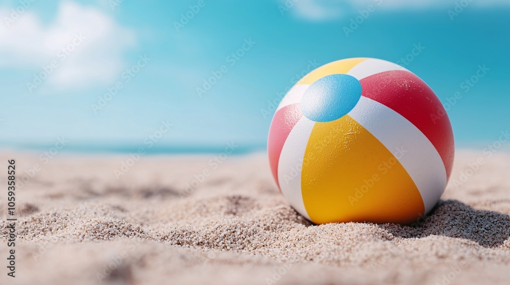 Obraz premium Bright Beach Ball Half Buried in Sandy Shoreline under Sunny Sky - Summer Vacation Fun Concept
