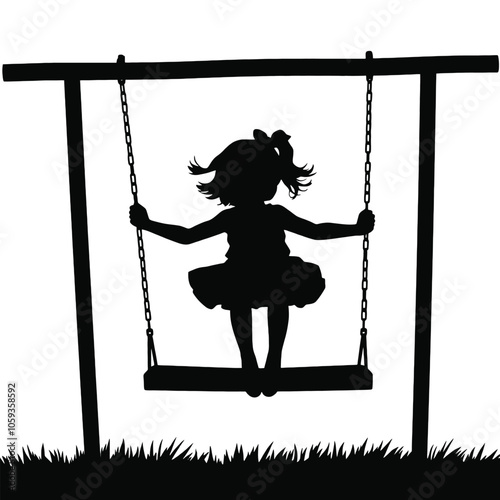 a black silhouette of a young girl swinging on a swing.