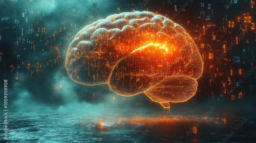 Glowing Digital Brain with Data Particles Glowing Digital Brain with Data Particles