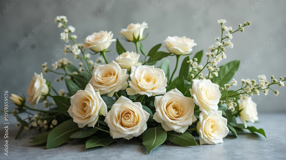 A cluster of white roses placed on a surface. A cluster of white roses placed on a surface.