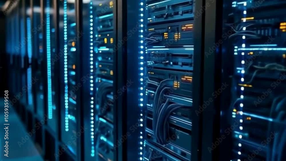 In a data center digital information flows through the network and data servers behind glass panels in the server room or Internet service provider In a data center digital information flows through the network and data servers behind glass panels in the server room or Internet service provider