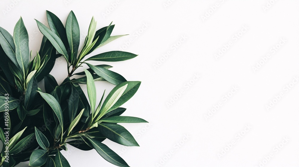 Obraz premium Lush green leaves arranged in a corner on a white background with copy space. Generative ai