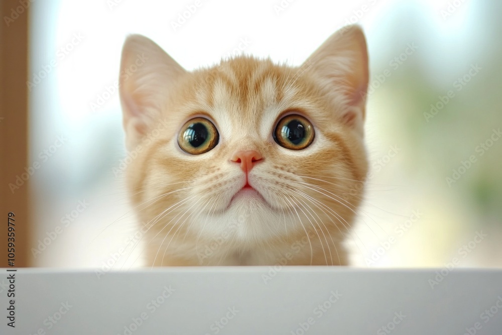 Fototapeta premium Surprised Scottish Fold kitten gazing curiously while being held in a sunlit clinic
