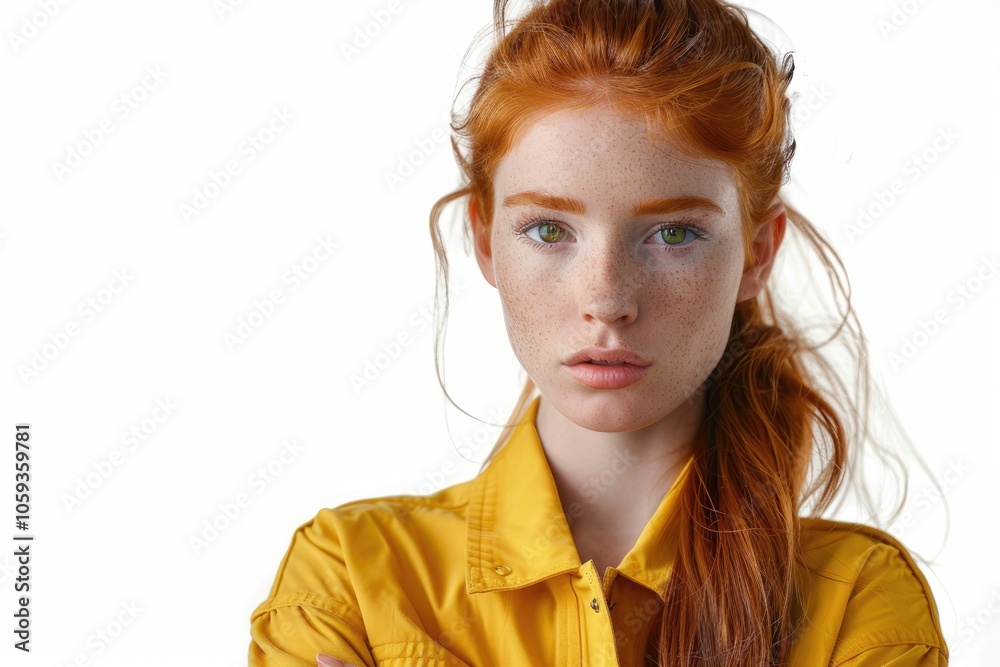 woman wearing her red hair on white background