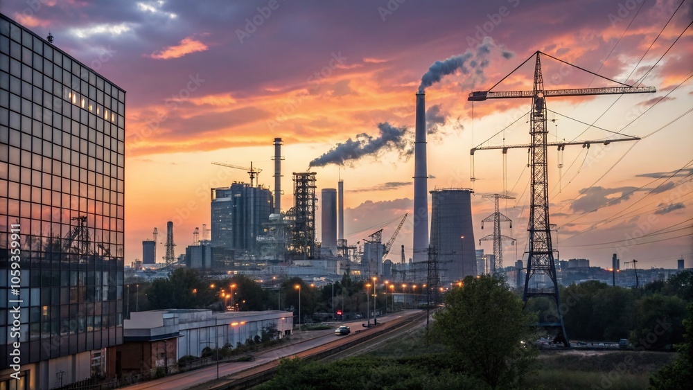 Industrial City Skyline at Sunset - Urban Landscape Photography
