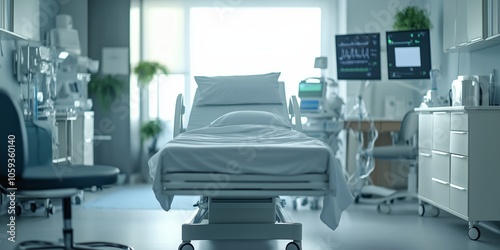 a room in a hospital clinic with a bed and some medical equipment