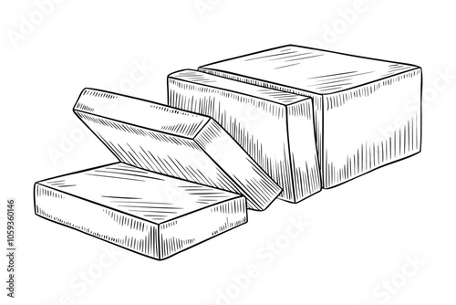 Slice of butter or cheese vector linear illustration. Outline drawing of dairy product painted by black inks. Monochrome etch for cookery book or culinary recipe. Line art for food design.