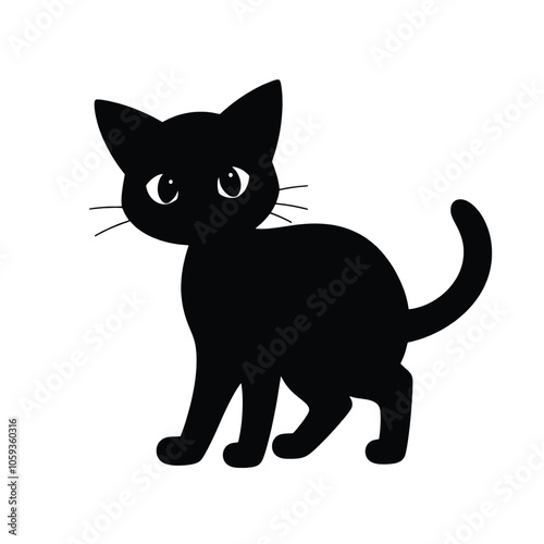 a cute cat cartoon character black silhouette, isolated white background