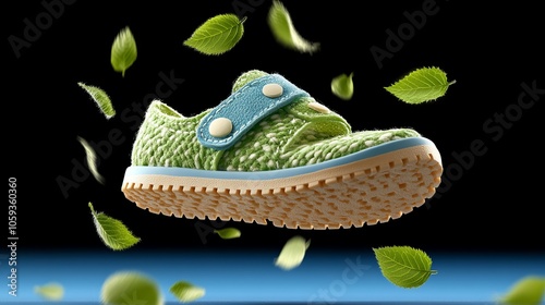 A playful green shoe floats among scattered leaves, showcasing its fun design and eco-friendly theme against a dark background.