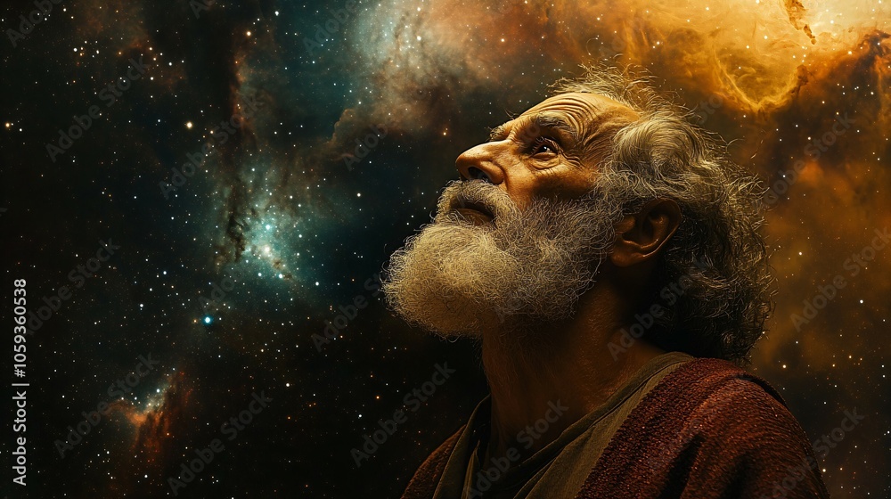 Portrait of biblical Abraham gazing up at the starry sky, reflecting on faith and destiny. A serene, spiritual moment under a cosmic backdrop
Portrait of biblical Abraham gazing up at the starry sky, reflecting on faith and destiny. A serene, spiritual moment under a cosmic backdrop