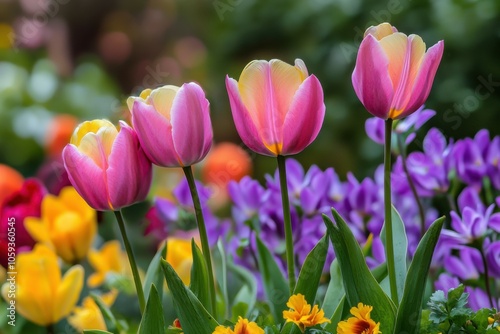 Colorful spring flowers blooming in a lush garden, vivid pink, purple, and yellow petals, cheerful and vibrant atmosphere, evoking feelings of renewal and joy