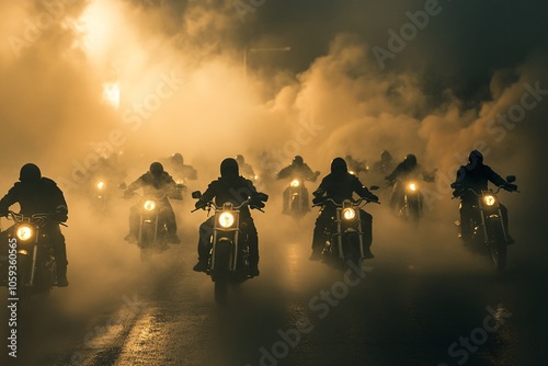 Motorcycle riders navigating through fog-covered highway at night, showcasing thrilling camaraderie and adventure on open roads