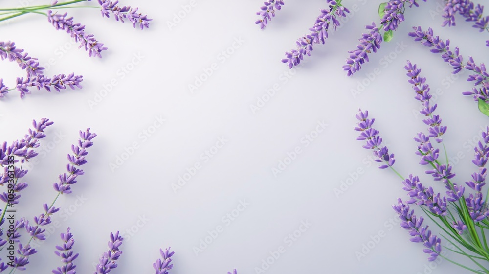 Purple lavender flowers arranged in a frame on a white background, leaving a space for text in the center. Generative ai Purple lavender flowers arranged in a frame on a white background, leaving a space for text in the center. Generative ai