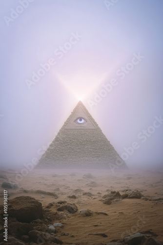 Sign Illuminati in a shape of pyramid standing in a desert. Freemasonry. The masonic square. All seeing eye in sacred geometry triangle, masonry and illuminati symbol. photo