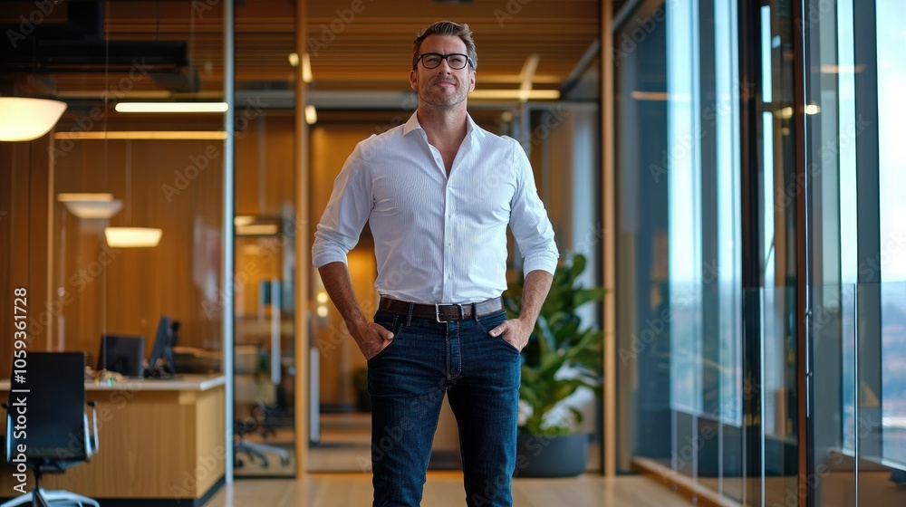 Confident businessman standing with hands in pockets in a modern office setting exuding professionalism and charisma Confident businessman standing with hands in pockets in a modern office setting exuding professionalism and charisma