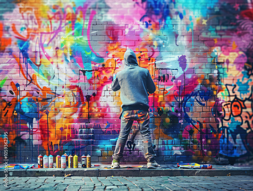 A street artist creating a large graffiti mural on a brick wall, using spray paint cans, with the vibrant colors contrasting against the urban background; cinematic style, Compositing Core, 8k, detail