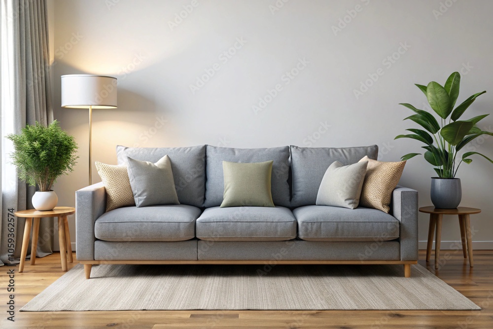 Modern living room interior, gray fabric sofa, neutral color palette, decorative pillows, potted plants, wooden side table, table lamp, textured rug, hardwood floor, minimalist decor, natural light, c Modern living room interior, gray fabric sofa, neutral color palette, decorative pillows, potted plants, wooden side table, table lamp, textured rug, hardwood floor, minimalist decor, natural light, c