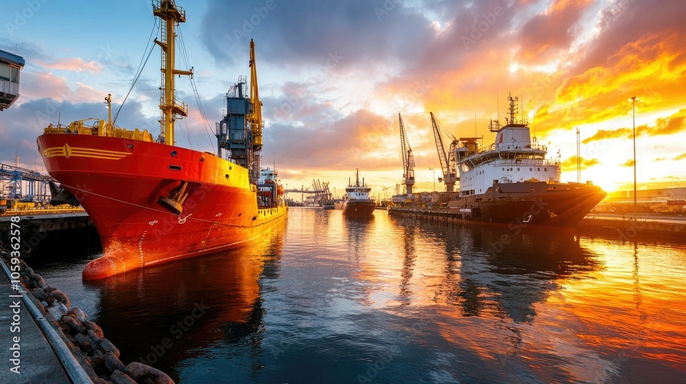 Fototapeta premium Stunning sunset over port a wide view of sea transport vessels lined up at the dock capturing the beauty of maritime industry and infrastructure