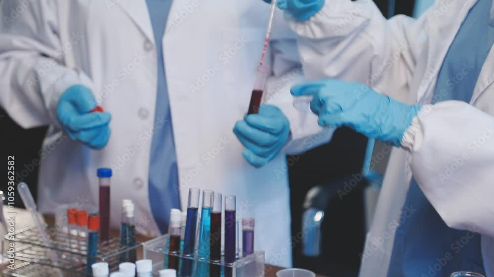 Biochemistry, scientist pipetting a sample into a test tube during an experiment in the lab. Biochemistry, scientist pipetting a sample into a test tube during an experiment in the lab.