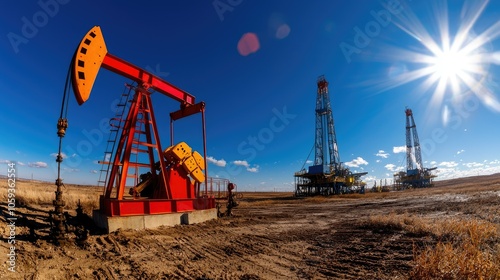 Wideangle view of oil rigs under bright sunshine an insight into the oil industry's landscape and operations