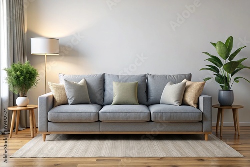 Modern living room interior, gray fabric sofa, neutral color palette, decorative pillows, potted plants, wooden side table, table lamp, textured rug, hardwood floor, minimalist decor, natural light, c