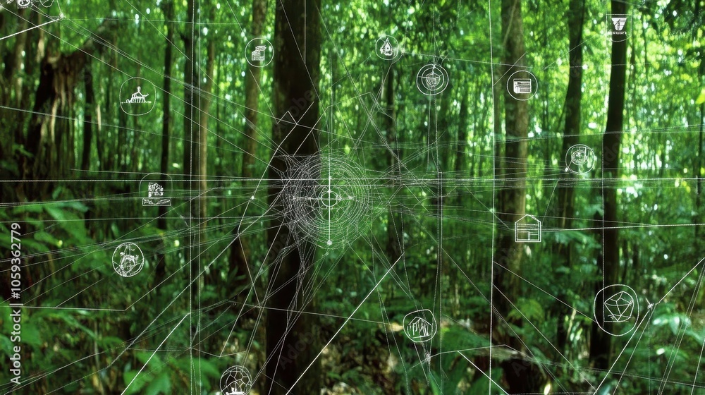 Lush forest with overlay of net-zero carbon goal icons, showing the harmony of natural and renewable resources Lush forest with overlay of net-zero carbon goal icons, showing the harmony of natural and renewable resources