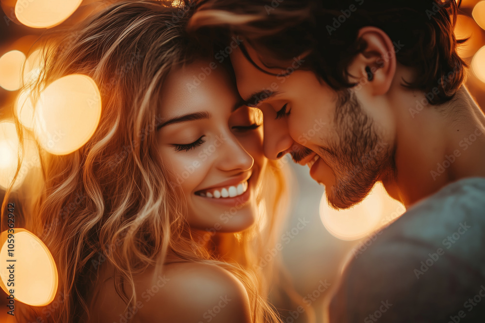 A couple sharing a tender moment while illuminated by warm lights A couple sharing a tender moment while illuminated by warm lights