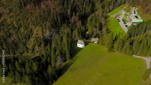 Katholische Bergkapelle Maria Hilf im Valepp, Gemarkung Deutschland, Bayern Luftaufnahme. Catholic mountain chapel Maria Hilf in Valepp, Germany, Bavaria Aerial view. Valepp Wasserfall photo