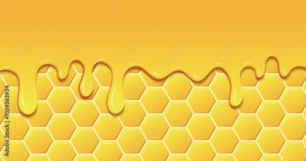 Dripping honey animation. Realistic drops of honey. Dessert background with melted honey. Dripping honey. Motion graphic. 4K animation