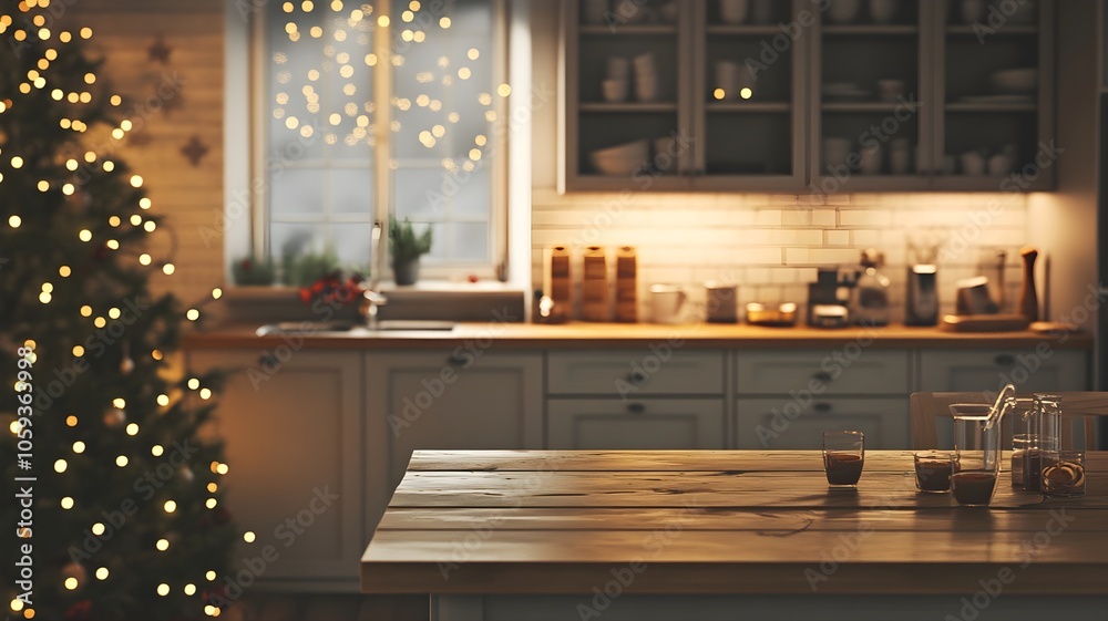 Festive kitchen backdrop with empty wooden table in foreground, Christmas tree and twinkling lights creating a warm, cozy atmosphere for holiday cooking and gatherings Festive kitchen backdrop with empty wooden table in foreground, Christmas tree and twinkling lights creating a warm, cozy atmosphere for holiday cooking and gatherings