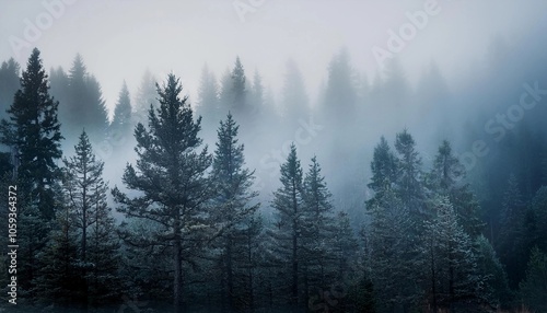 pine trees in fog - forest background