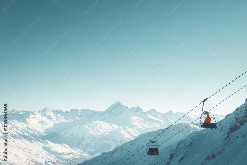 Fototapeta premium solo skier ascending a mountain in a gondola lift, snow-covered peaks and valleys below, minimal background with copy space