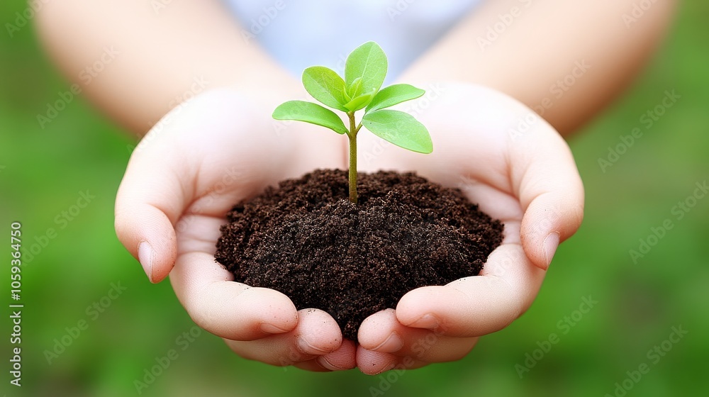 A pair of hands cradles a small green plant, symbolizing growth and nurturing in a natural setting. A pair of hands cradles a small green plant, symbolizing growth and nurturing in a natural setting.