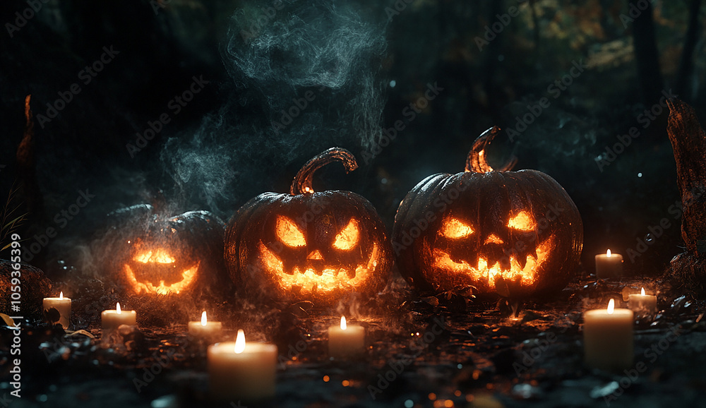 Fototapeta premium carved pumpkins with smiling faces sit on the ground around them,a dark forest background creating a spooky Halloween scene