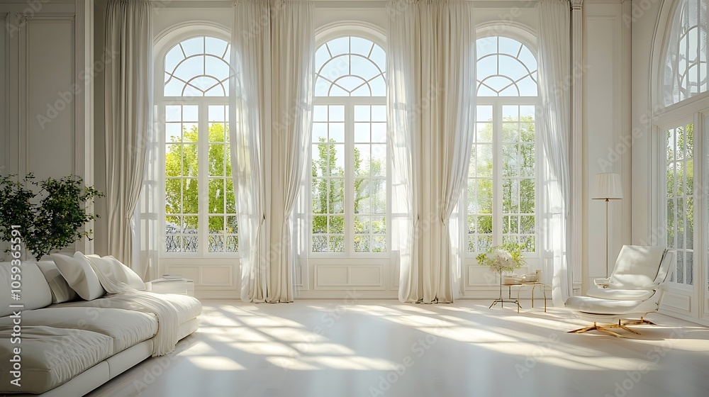A bright, airy living room with large arched windows, white walls, and a white sofa and armchair. Sunlight streams through the windows, casting shadows on the floor. A bright, airy living room with large arched windows, white walls, and a white sofa and armchair. Sunlight streams through the windows, casting shadows on the floor.