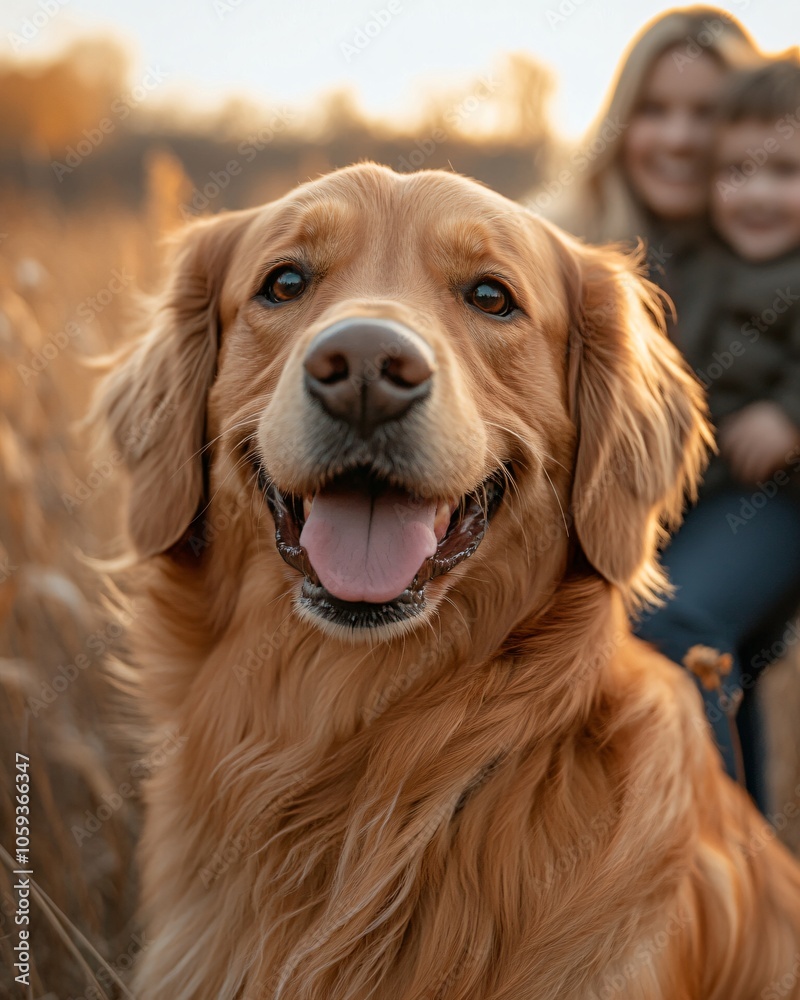 Golden Retriever with Family in Autumn background Golden Retriever with Family in Autumn background